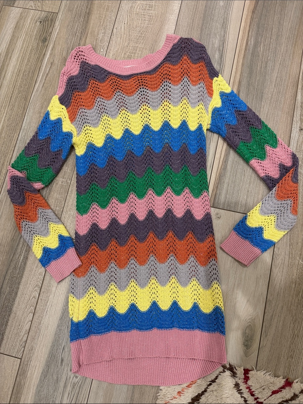 Multicolor Wave Knit Women's Sweater Dress - Pink Trim